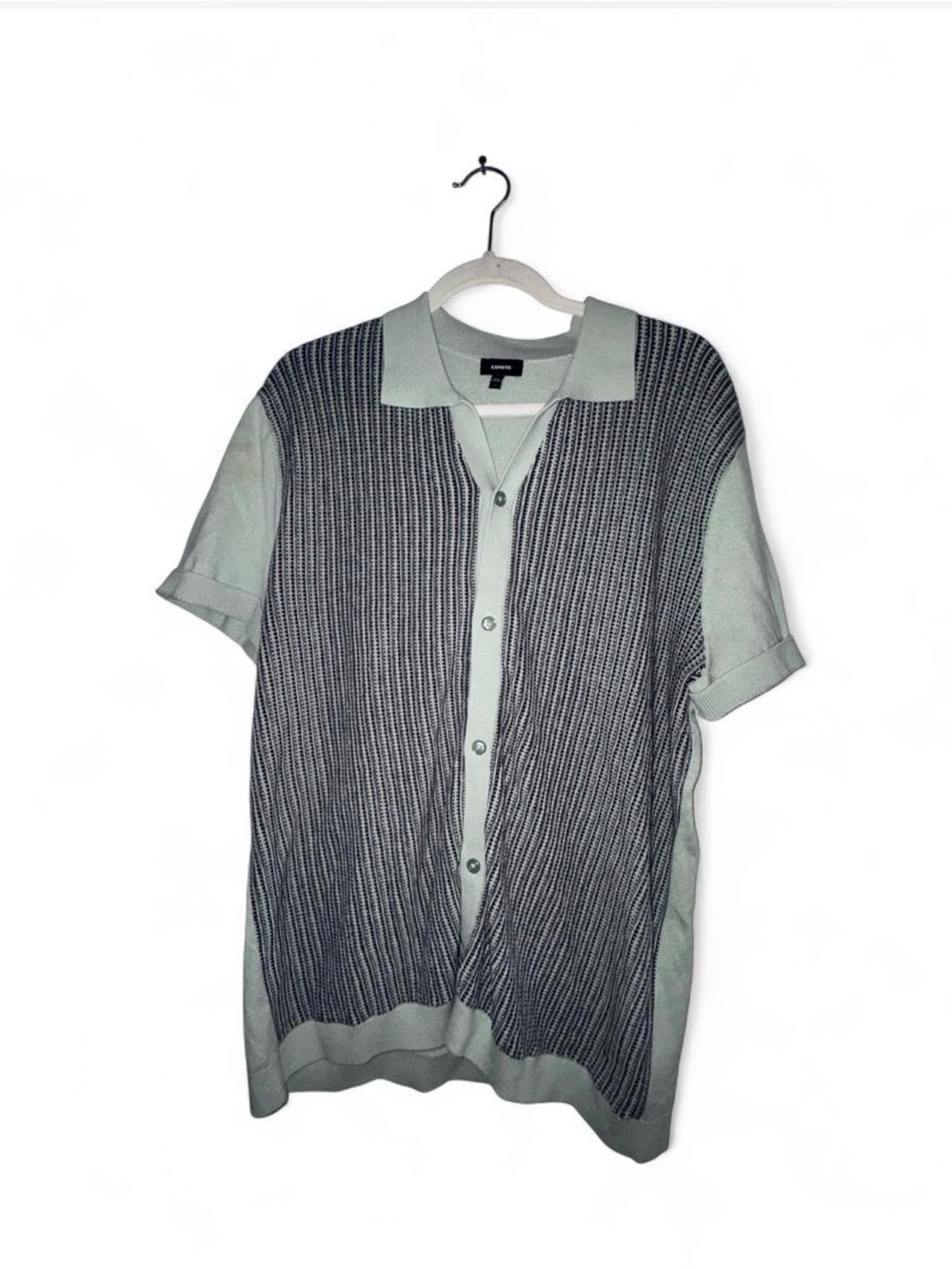 Mens Express Light Green Short Sleeve Knit Button-Up Sweater